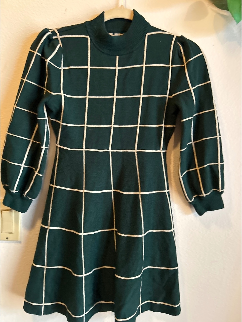 Poppies and Roses Green and Cream Windowpane Pattern Dress Size L